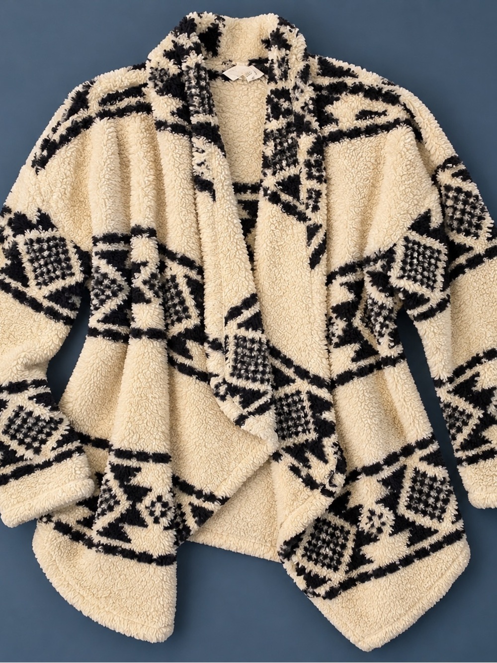 Lucky Brand Cozy Cream & Black Patterned Sherpa Fleece Cardigan Sweater Size L
